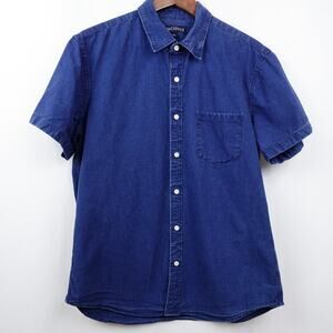 J. Crew Mercantile Solid Slim Casual Short Sleeve Ripstop Denim Shirt Sz L Blue‎